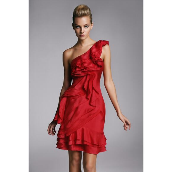 BCBDMaxAzria Womens 12 One Shoulder Mini Cocktail Dress Berry Red Y2K Ruffles - Picture 1 of 12